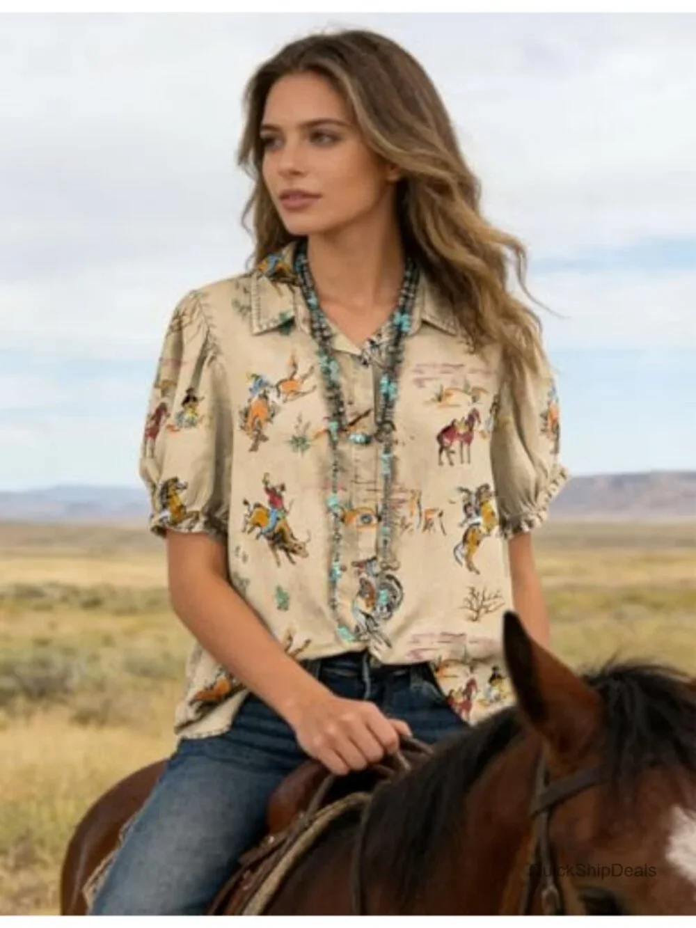 Western Cowboy Print Blouse V-Neck Short Sleeve Button-Down Puff Sleeve Top